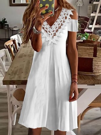 Solid Loose Lace V Neck Off Sholder Woven White Casual Dress