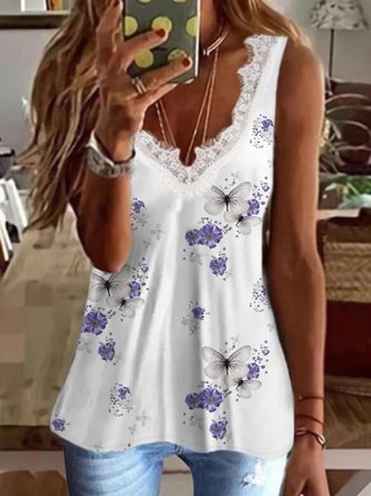 Casual Butterfly Sleeveless V Neck Printed Tank Top Vests