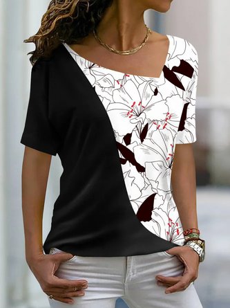 Vacation Floral Color Block Printed  Casual Loose Asymmetrical Neck Short Sleeve T-Shirt