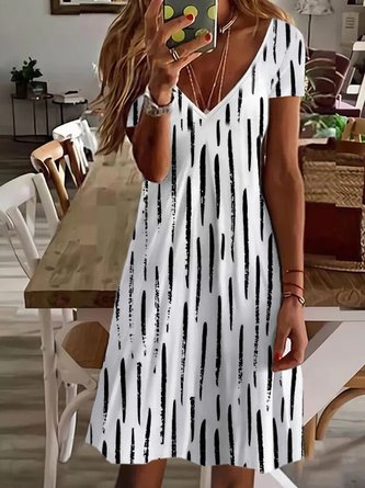 Striped Loose V Neck Short Sleeve Woven Dress