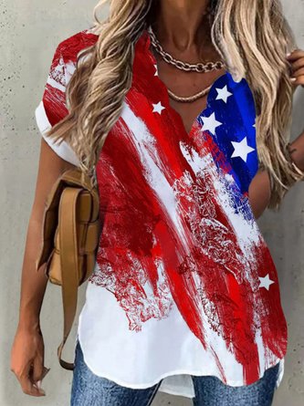 Casual American Flag Short Sleeve V Neck Printed Tunic Top