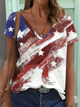 American Flag Casual V Neck Shift Abstract T-Shirts