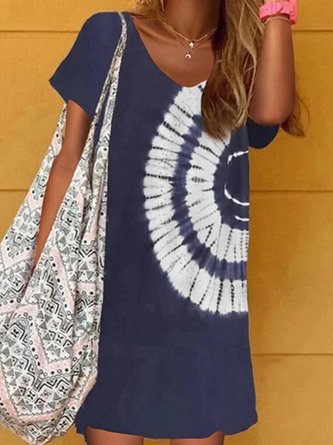 Navy Blue Tie-dye Holiday Daily Printed V neck A-Line Casual Short Sleeve Knitting Dress