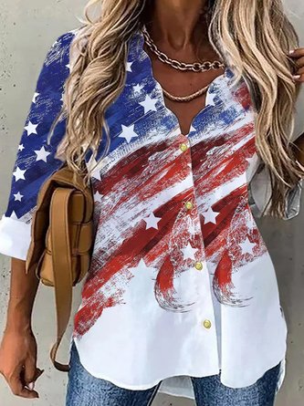 Polyester Fibre V Neck Star Loosen American Flag Casual Long Sleeve Tunic Blouse