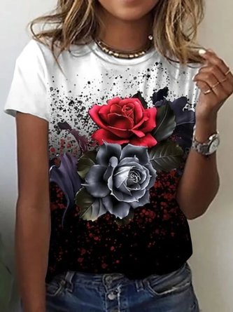 Casual Floral Short Sleeve Round Neck Printed Tops T-shirts