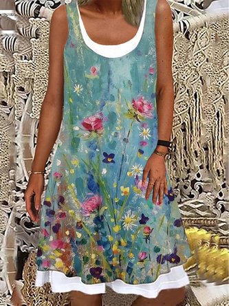 U-Neck Cotton Casual Floral Short Sleeve Knitting Dress