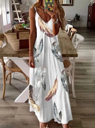 Casual Feather Sleeveless V Neck Plus Size Printed Dress