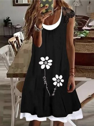 Casual Floral Loosen A-line Short Sleeve Knit Dress