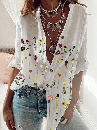 Floral-Print Casual Floral Shirt Collar Tunic Blouse