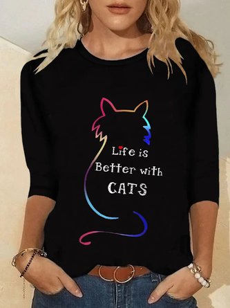 Life Is Better With Cats Long Sleeve Round Neck Plus Size Printed Tops T-shirts