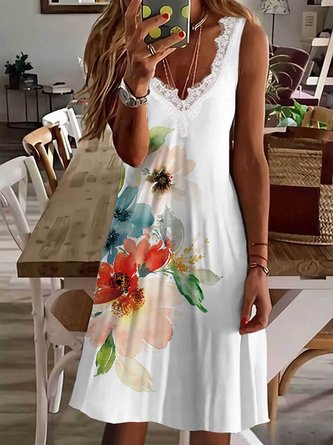 Floral V-Neck Cotton Blends Lace-Embellished Knit Tank Dress