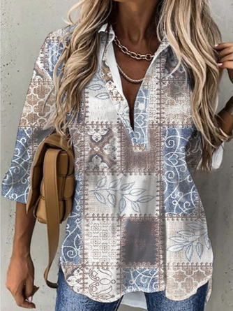 Tribal Lapel Casual Mid Sleeve Blouse