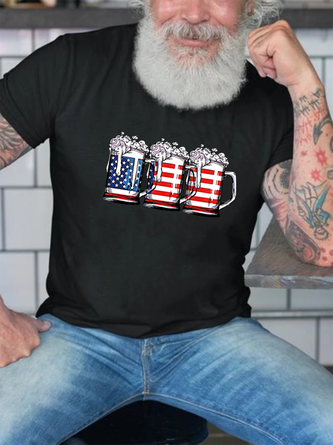 American Flag Beer Cheers Letter Print Men's Casual Short Sleeve T-Shirt