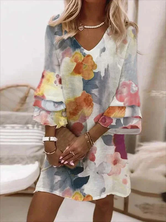 Casual V neck Floral Three Quarter Sleeve Woven Tunic Dress