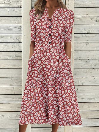 Floral Half Sleeve Buttoned Casual Woven Dress