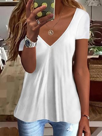 Women's White V neck Plain Cotton Blend Short Sleeve Casual Tunic T-Shirt