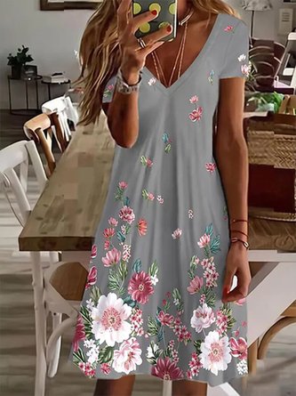 Floral V neck Casual Short Sleeve Knit Dress