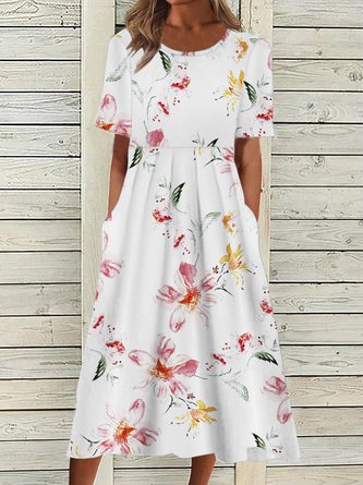 Casual Floral Crew Neck Short Sleeve Woven Dress