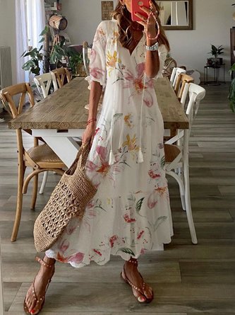 Women's Shift Dress Short Maxi Dress half Sleeve Floral Print Summer Fall V Neck Casual Dress 2022