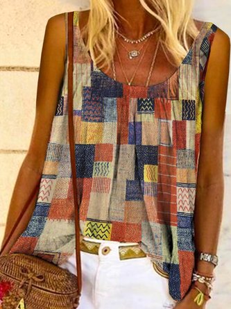 Casual Sleeveless Round Neck Printed Tunic Top Vests
