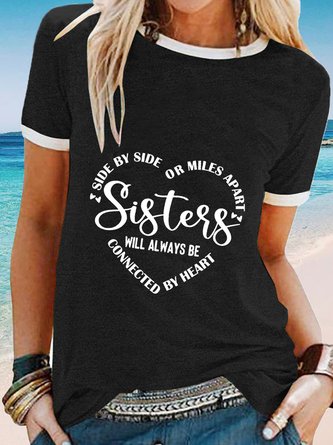 Women's Casual Weekend Painting Miles Apart Sisters Tee Heart Text Short Sleeve Print Round Neck Basic Top T-shirt