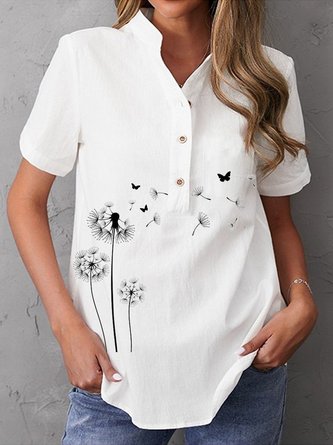 Linen Dandelion Printed Cotton Casual Loosen Plus Size Short Sleeve Tops