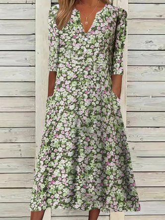 Floral Loosen V Neck Short Sleeve Woven Dress