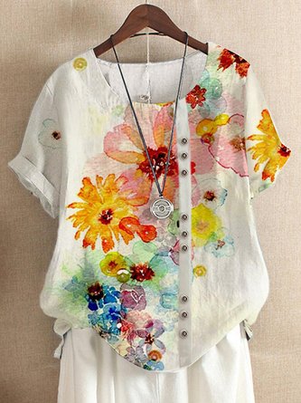 Floral Crew Neck Short Sleeve Tops