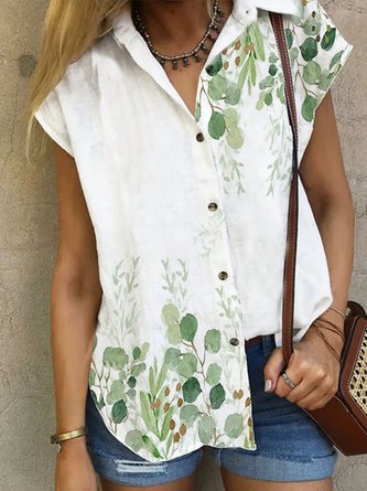Linen Leaves Printed Casual Loosen Shirt Collar Plus Size Short Sleeve Blouse