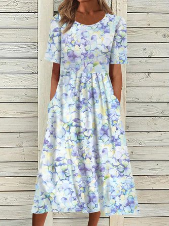 Women's A Line Dress Maxi long Dress blue Short Sleeve Floral Ruched Pocket Print Woven Summer Fall Crew Neck Casual