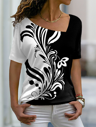 Women's Sexy Casual? Floral Printed Asymmetrical Neck Short Sleeve Loose Jersey Casual T-Shirt