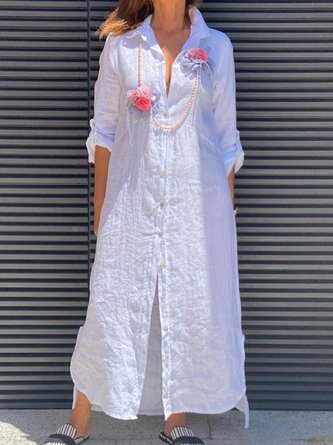 Linen Cotton Shirt Collar Casual Loosen Plus Size Long Sleeve Woven Dress