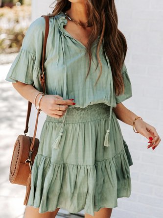 Ruched Flare Sleeve Casual Solid Short Sleeve Woven Dress