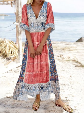 Loosen Vacation Tribal Short Sleeve Woven Dress