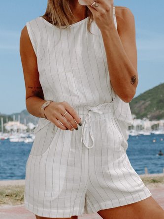 Linen Cotton Striped Casual Loosen Two Piece Sets