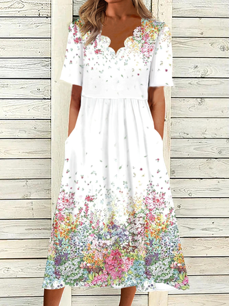 Women's A Line Dress Midi Dress White Short Sleeve Print Ruched Print Summer Fall V Neck Elegant Modern