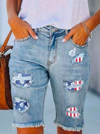 Women's Daily Weekend Floral Flag Printed Casual Denim Jeans Shorts 2022