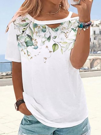 Leaves Printed Asymmetric Casual Loosen Hollow Out T-Shirt