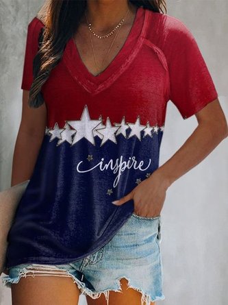Women's American Festivals Stars Print Casual Color Block Loosen Tunic T-Shirt