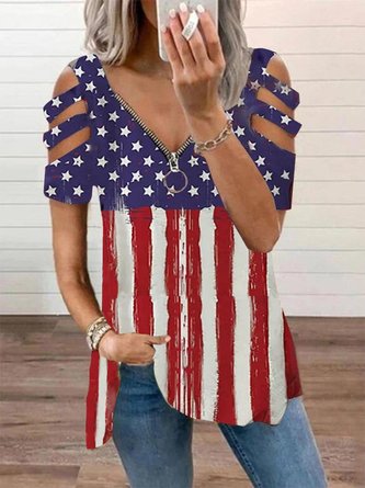 Women's Vacation Daily American Festivals Stars Flag Zipper V Neck Off Shoulder Casual Loosen T-Shirt