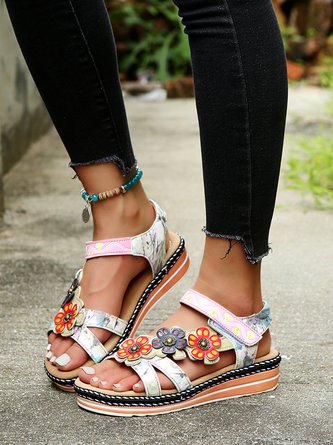 Vintage Multicolor Flower Ethnic Velcro Sandals