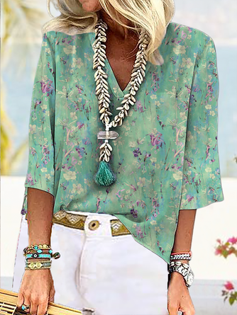 Floral Printed Casual V Neck Tops