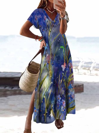 Vacation Floral Printed Casual V Neck Loosen Maxi Dresses