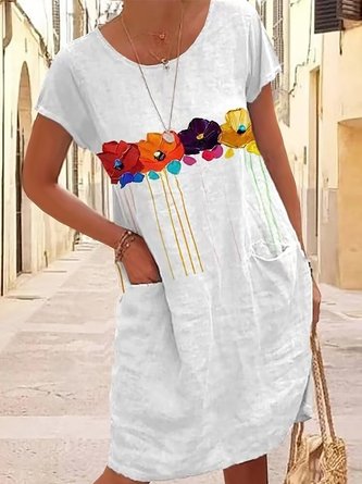 Women's Daily Weekend Casual Loosen Floral Pockets Midi Short Sleeve Dress