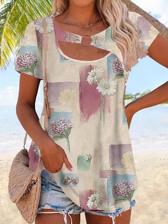 Casual Jersey Floral Cross Neck T-Shirts