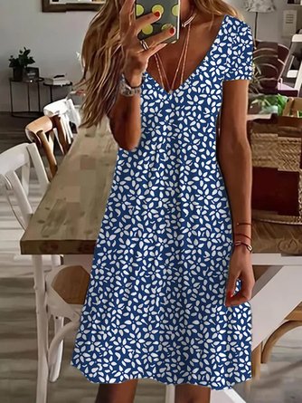 Women's Casual Dress Floral Print short Sleeve V Neck Streetwear Daily Holiday Spandex Jersey Summer Fall Blue Dress