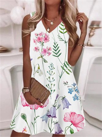 Floral V Neck Casual Vacation A-Line Dress