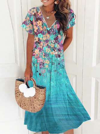 Women's Vacation Casual V Neck Floral Short Sleeve Midi Dresses 2022
