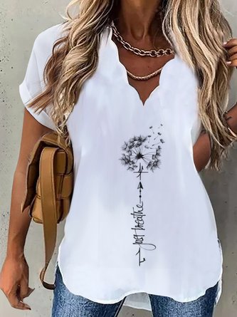 Women's Weekend Daily Casual Loose V Neck Dandelion Printed  Short Sleeve Tunic Top