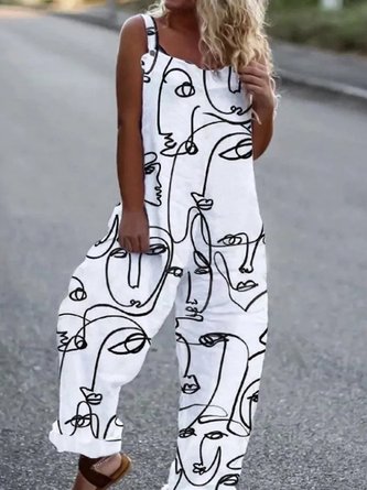 Women's Weekend Abstract Face Pattern Figure Square Neck Casual Pockets Loose Overall Jumpsuit & Romper